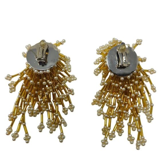 Vintage Gold and Pearl Tassel Clip-On Earrings | Statement 4.44" Design - Picture 4 of 5